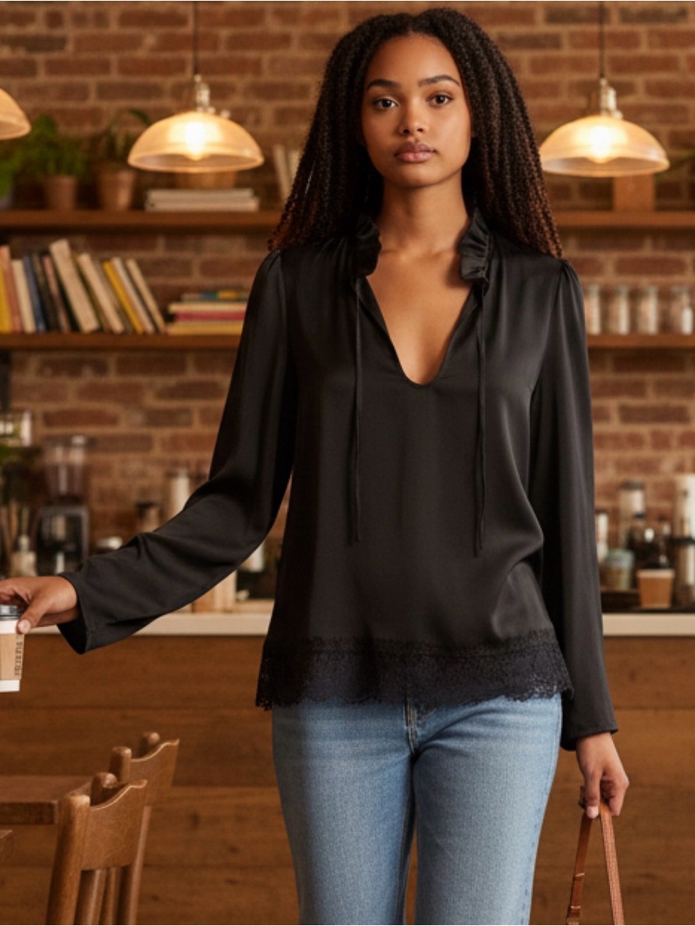 L'Academie Black Satin V-Neck Long-Sleeve Blouse with Lace Hem